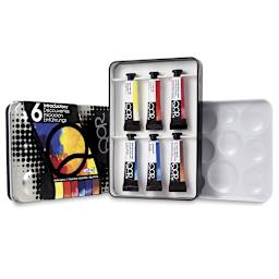 QoR Modern Watercolors - Intro Set of 6. Tubes in open tin, lid and palette to the sides.  