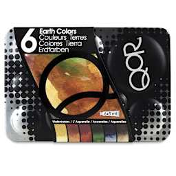 QoR Modern Watercolors - Earth Colors Set of 6. Front of closed tin.