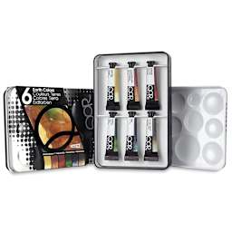 QoR Modern Watercolors - Earth Colors Set of 6. Tubes in open tin, lid and palette to the sides.  