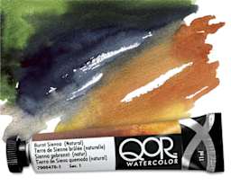QoR Modern Watercolors - Burnt Sienna Natural tube beneath green, brown, black painted background.