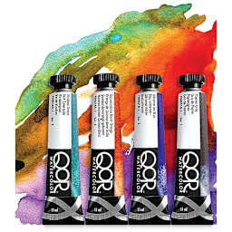 QoR Modern Watercolors - Assorted tubes against multi-colored painted background.