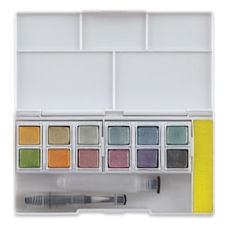 Derwent Metallic Watercolor Pan Set - Set of 12 open showing colors, brush and sponge