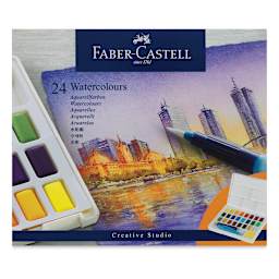Faber Castell Creative Studio Half Pan Watercolor Sets - Assorted Colors, Set of 24 front of package