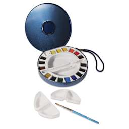 Daler-Rowney Aquafine Watercolors - Set of 18 Travel, Assorted Colors, Half Pan with brush and removable mixing wells