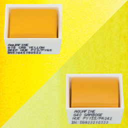 Daler-Rowney Aquafine Watercolors - Set of 2, Cadmium Yellow Deep Hue and Gamboge Hue, Half Pans with swatches