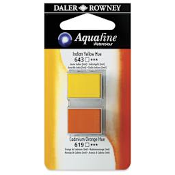 Daler-Rowney Aquafine Watercolors - Set of 2, Indian Yellow Hue and Cadmium Orange Hue, Half Pan