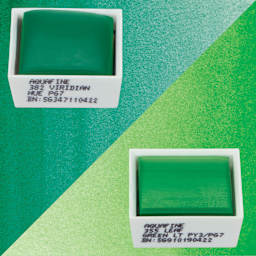 Daler-Rowney Aquafine Watercolors - Set of 2, Viridian Hue and Leaf Green, Half Pans and swatches