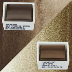 Daler-Rowney Aquafine Watercolors - Set of 2, Vandyke Brown Hue and Raw Umber, Half Pans and swatches