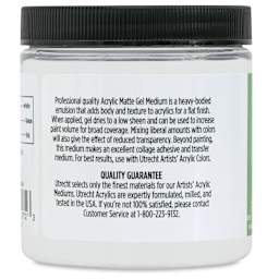 Utrecht Artists' Acrylic Gel Medium - Gel Matte Medium, 8 oz, back of jar