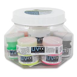 Tri-Art UVFX Black Light Poster Paint - Sampler Set shown in reusable package container