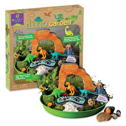Craft-Tastic Nature Dino Garden Kit, finished garden in front of packaging