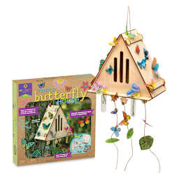 Craft-Tastic Nature Make A Butterfly House Kit, finished house in front of packaging