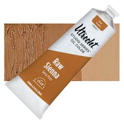 Utrecht Studio Series Oil Paint - Raw Sienna, 200 ml tube and swatch
