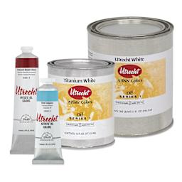 Utrecht Artists' Oil Paints, Utrecht White & Titanium White cans with Permanent Alizarin Crimson & Vivid Turquoise tubes