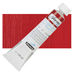 Schmincke Norma Blue Water-Mixable Oil Paint - Cadmium Red Hue Medium, 120 ml tube and swatch