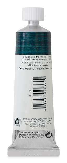 Schmincke Norma Blue Water-Mixable Oil Paint - Phthalo Green, 35 ml, back of the tube