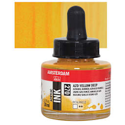 Amsterdam Acrylic Ink - Azo Yellow Deep, 30 ml bottle and swatch