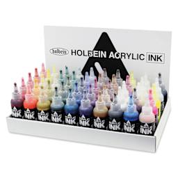 Holbein Acrylic Inks - Assorted Colors, Set of 50, 100 ml, displayed