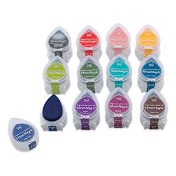 Tsukineko VersaMagic Dew Drop Ink Pads - 12 piece Assorted Color Pads shown in rows with 1 open