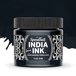 Speedball India Ink - Matte Black Velvet, 1 oz, swatch jar with swatch