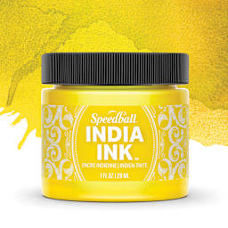 Speedball India Ink - Canary, 1 oz jar with swatch