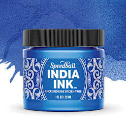 Speedball India Ink - Sapphire, 1 oz jar with swatch