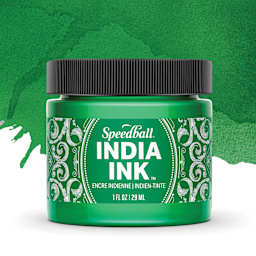 Speedball India Ink - Bright Emerald, 1 oz, jar with swatch