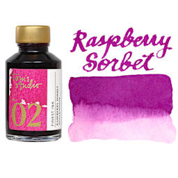 Tom's Studio Fountain Pen Ink - 50 ml, Raspberry Sorbet, bottle with swatch