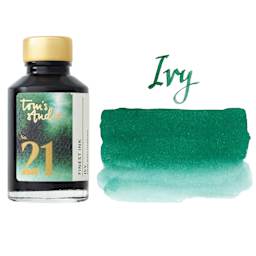 Tom's Studio Fountain Pen Ink - 50 ml, Ivy, bottle with swatch