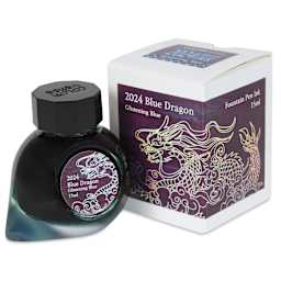 Colorverse Blue Dragon Fountain Pen Ink - Glistening Blue, 15 ml, jar next to the packaging box