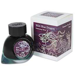 Colorverse Blue Dragon Fountain Pen Ink - Glistening Silver, 15 ml, jar next to packaging box