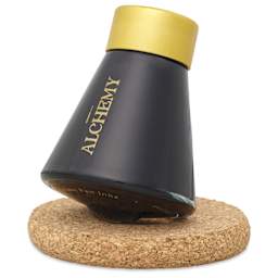 Endless Alchemy Fountain Pen Ink - Mystic Forest, 45 ml, bottle tilted on cork base