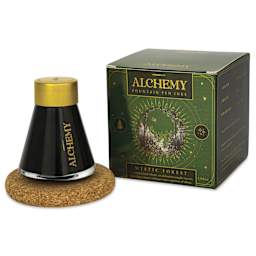 Endless Alchemy Fountain Pen Ink - Mystic Forest, bottle next to packaging box