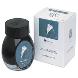 Colorverse Joy in the Ordinary Fountain Pen Ink - 78 Rainy Day, jar next to packaging box