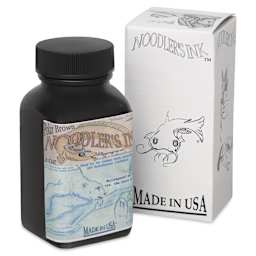 Noodler's Ink Fountain Pen Ink - Eternal Polar Brown, bottle next to the packaging box