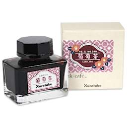 Kuretake Ink Cafe Meiji No Iro Pen Ink - 531 Deep Maroon (Ebicha), 20 ml, jar next to packaging box