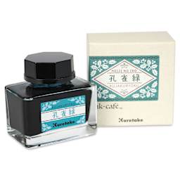 Kuretake Ink Cafe Meiji No Iro Pen Ink - 535 Peacock Blue (Kujakuryoku), jar next to packaging box
