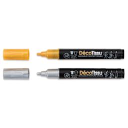 Marvy Uchida DecoFabric Opaque Paint Markers - Gold and Silver, Set of 2, displayed with caps off