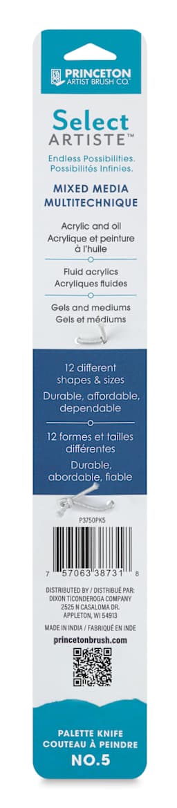 Princeton Select Palette Knife - Style 5, Medium Long Spade, back of the packaging