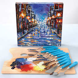 Princeton Select Palette Knives, on top of palette with paint and in front of a finished painting