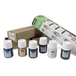 Pebeo Vitrea Paint - Initiation Set, Set of 6 20 ml Pastel Bottles shown in front of package 