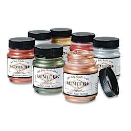 Jacquard Lumiere Acrylic Paints and Sets - Assorted 2.5oz jars shown with one lid removed