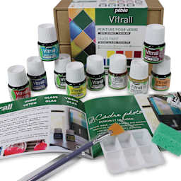 Pebeo Vitrail Paint - Components of Collection Case shown in front of package