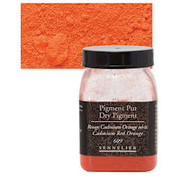 Sennelier Dry Pigment - Cadmium Red Orange, 110 g jar and swatch
