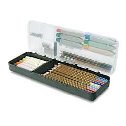 ArtBin Sketch-Pac - shown open with divider holding art supplies (not included) in compartments 