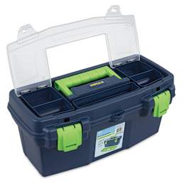 Artist Select Plastic Box - Blue/Green Trim, 16"L x 8"H x 7.25"W, with top clear lid open