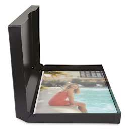 Itoya ProFolio Archive-All Storage Box - Side view with hinged lid upright showing artwork inside