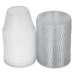 Uline Plastic Cups with Lids - 25 4 ounce cups shown stacked with lids adjacent