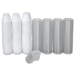 Uline Plastic Cups with Lids - 250 4 ounce cups and lids shown stacked in a row