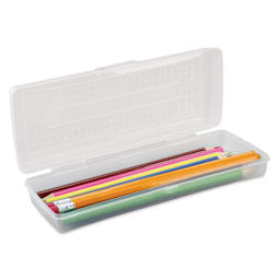 Storex Mini Pencil Box - Clear, open and filled with pencils
